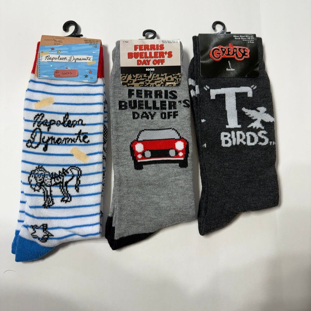 NWT Movie Novelty‎ Crew Socks Napolean Dynamite Ferris Buehler Grease Size 9-13